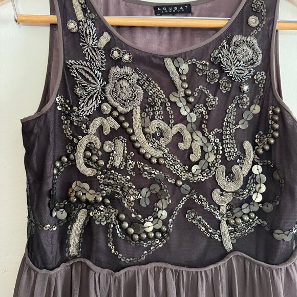 NOUGAT LONDON Gray Silk Embellished Scalloped Waist Cocktail Dress Medium - Picture 5 of 9